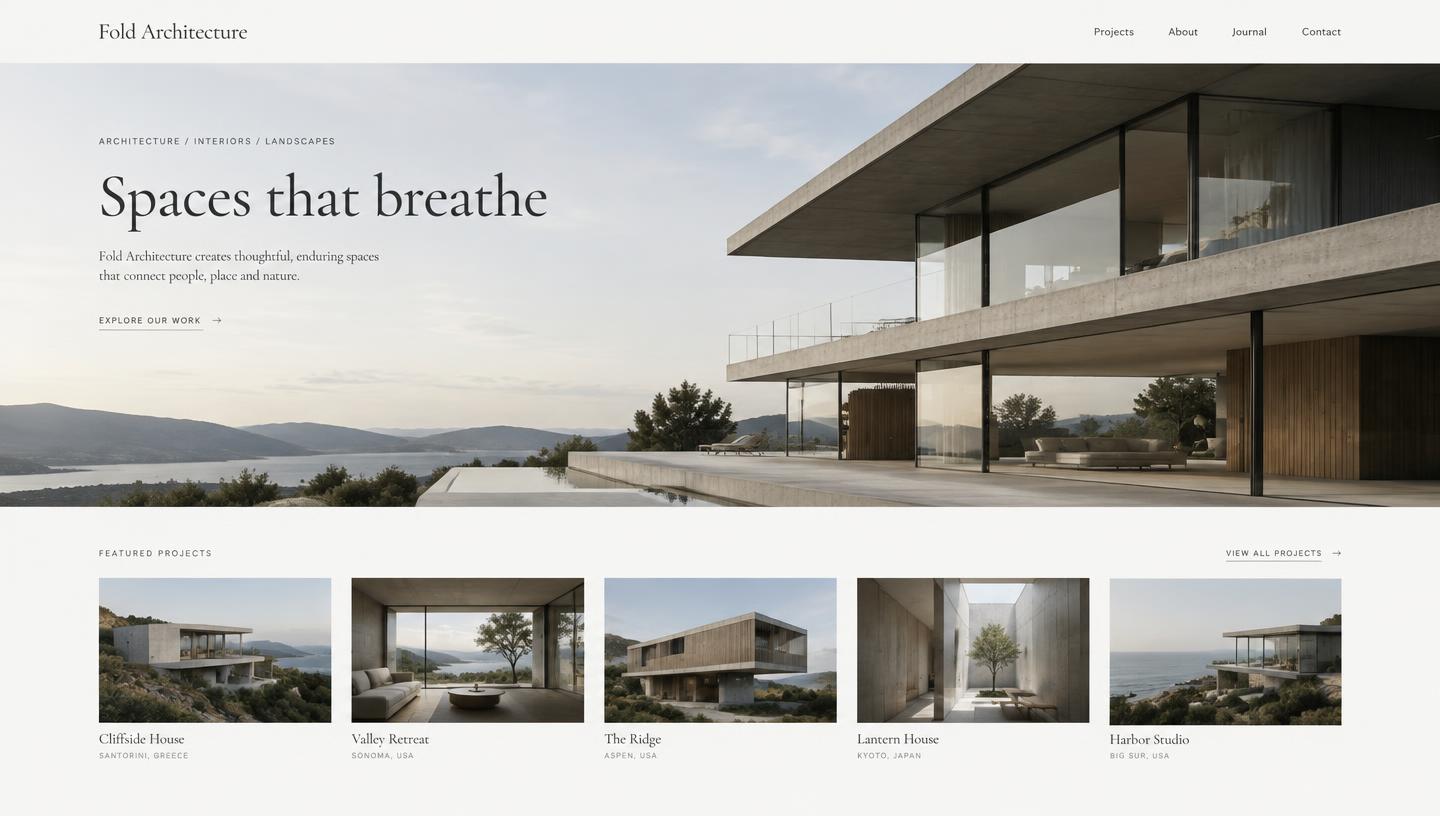 Architecture studio homepage with modern building hero and project grid