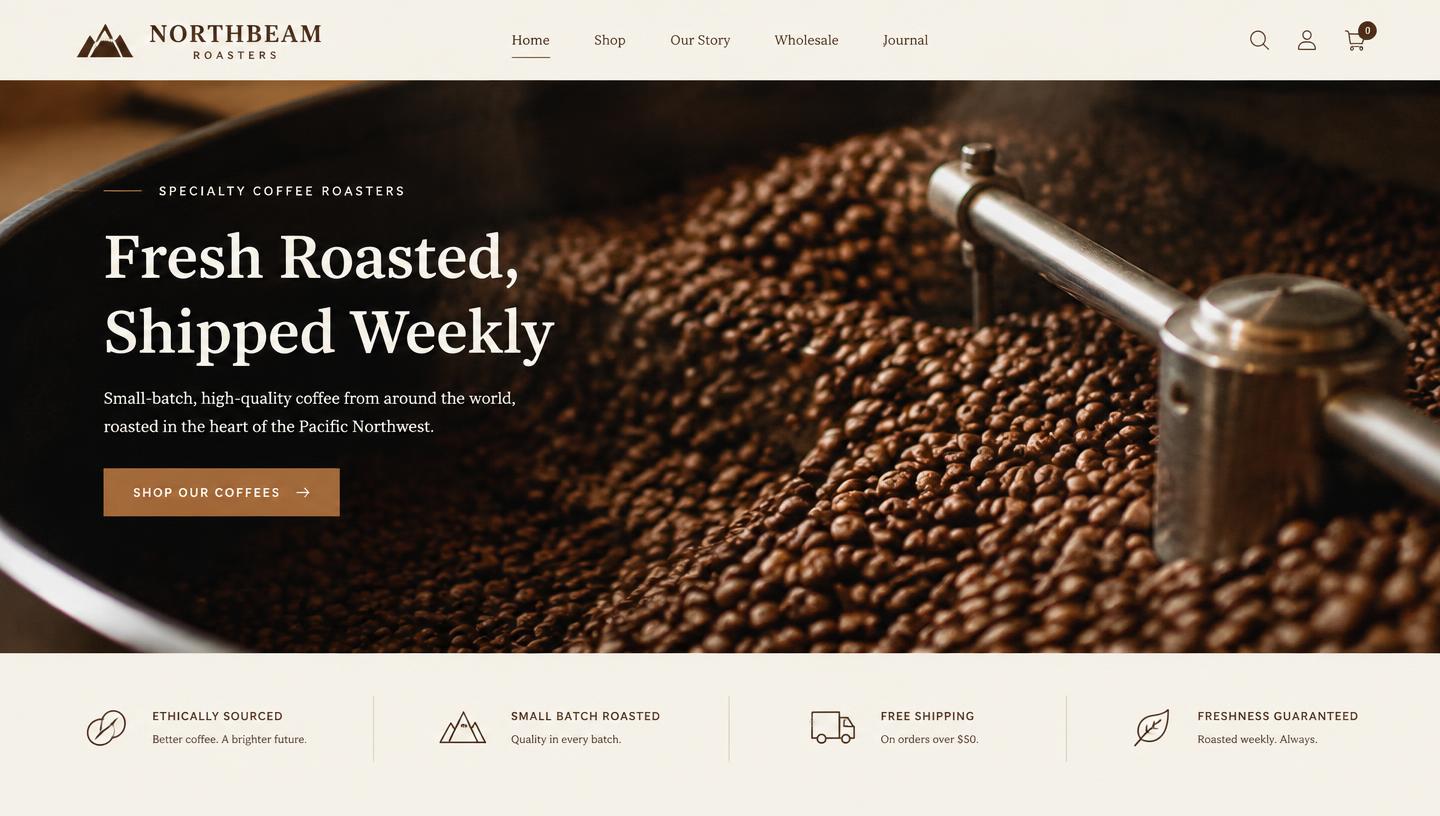 Coffee e-commerce homepage with coffee roasting hero and shop button