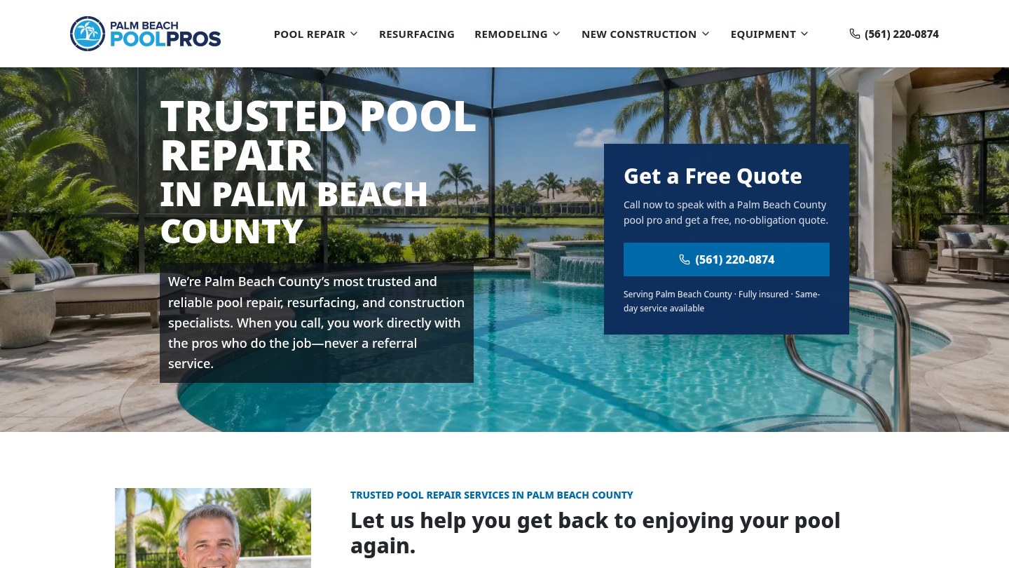 Pool service company homepage with pool repair hero and free quote form