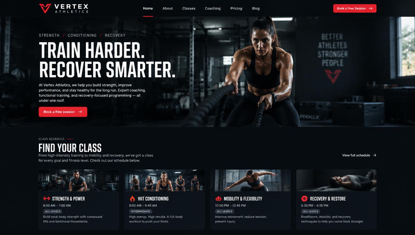 Fitness gym homepage with gym hero and class schedule
